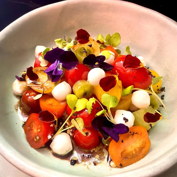 Colorful tomato and mozzarella salad with edible flowers and microgreens in a light blue bowl.